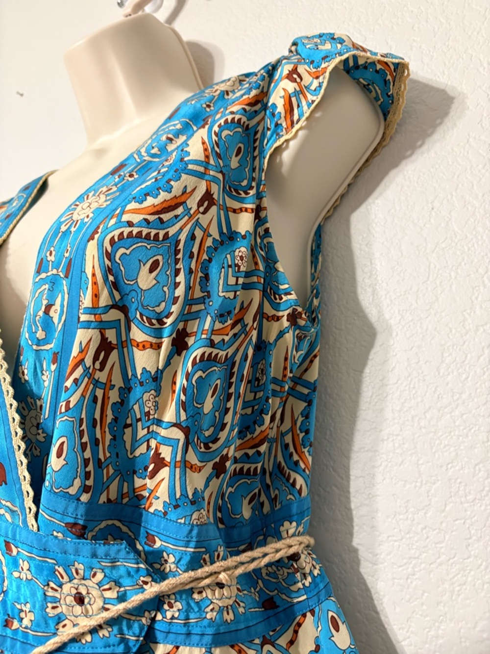 Plenty by Tracy Reese  Silk Turquoise Printed V-Neck Midi Wrap Dress w Rope Tie - Picture 3 of 15